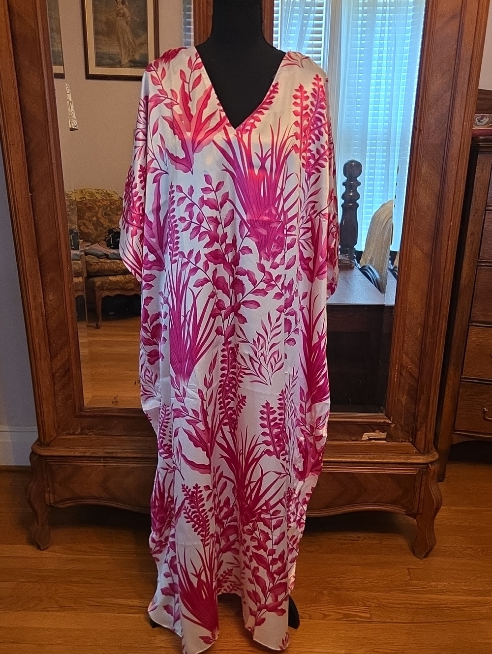 Women’s White Maxi Kaftan with Hot Pink Botanical Print